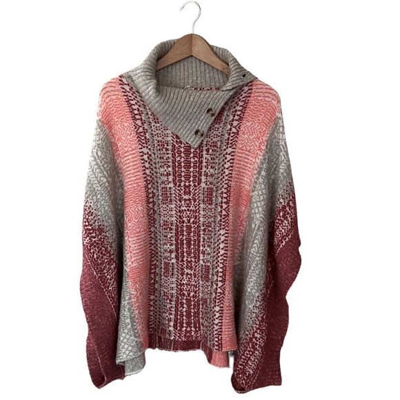 Caslon Jacquard Button Cowl Neck Sweater-Knit Poncho Red Salmon Gray Siz… - Picture 8 of 17